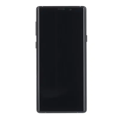 A black smartphone is shown against a white background.