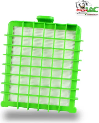 A green vacuum cleaner filter with a white filter material, set against a white background. A logo is visible in the top right corner.