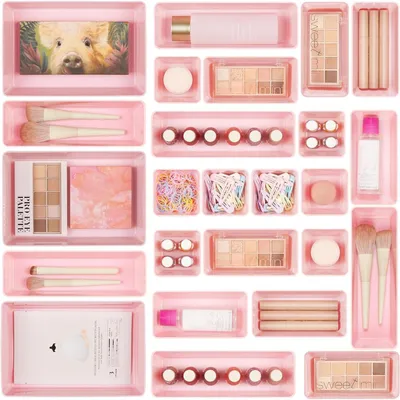 Produktbild von Schubladen Organizer Set 25 Stück Rosa mit 4 Größen für Make-up, Küche, Bad, Büro
