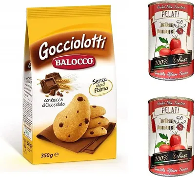 Produktbild von Balocco Gocciolotti Kekse mit Schokoladentropfen biscuits cookies 350g + Italian Gourmet 100% italienische geschälte Tomaten dosen 2x 400g