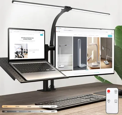 Produktbild von Schreibtischlampe LED Dimmbar 24W 80CM Doppelkopf Klemmbar mit Fernbedienung Augenschutz Monitor Lampe Tageslichtlampe Leser Architekenden für Büro