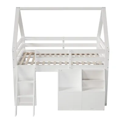 Produktbild von Merax Hochbett Hausform 140x200 cm mit Treppe, LED Beleuchtung, Klappen, Stofftaschen, Etagenbett, Stockbett, Massivholz Kinderbett, Jugendbett, Weiß
