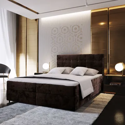 A luxurious bedroom with a large brown boxspring bed as the focal point.