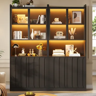 Zdjęcie produktu dla Szafka witryna o wymiarach 160x35x200 cm, czarna witryna z oświetleniem LED i drzwiczkami z bezpiecznego szkła, idealna do salonu i przedpokoju