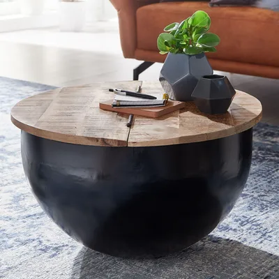 Produktbild von WOHNLING Couchtisch Mango Massivholz Metall 60x34x60 cm Industrial Style Rund Wohnzimmertisch mit Stauraum Moderner Loungetisch Sofatisch Schwarz