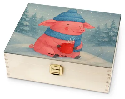 Produktbild von Mr. & Mrs. Panda Teedose Schwein Glühwein Design - Weiß - Geschenk, teebeutelbehälter, teebox holz, Weihnachtsmarkt, Glühschwein, Tee Box, Weihnachten, für Paare, Punsch