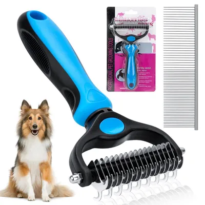 Immagine prodotto di Spazzola per cani, pettine per il sottopelo, pelo lungo, blu, a doppia faccia, con 9 e 17 denti