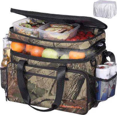 Obrázek produktu pro WARMOUNTS Měkká chladicí taška, 28l izolovaná taška na 48 plechovek, 2 přihrádky, nepropustná s víkem - kempování, turistika, piknik, 38×30×25cm (kamufláž)