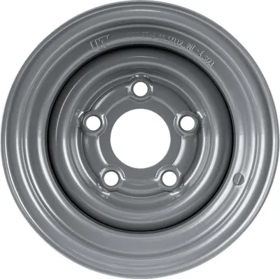 A gray metal wheel rim is shown against a white background.