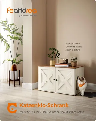 Produktbild von Katzenklo Schrank - Katzentoilette Möbel mit Türen - Leichte Montage - Honigbraun & Vintage-Weiß
