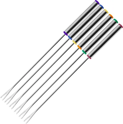 A set of six fondue forks with stainless steel shafts and colored plastic handles, arranged diagonally on a white background.