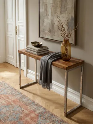 Produktbild von Konsolentisch GUNA Massivholz Sheesham Konsole mit Metallbeinen Schreibtisch 120x45 cm Landhaus-Stil Sideboard Modern Massiv Echt-holz Natur Anrichte PC-Tisch Sekretär Tisch Flur