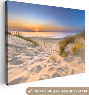 Produktbild von MuchoWow® - Leinwandbilder - Düne - Sonnenuntergang - Horizont - Strand - Gras, Wandbild, Wanddeko Bilder Wohnzimmer, 120x90 cm