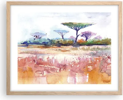 Produktbild von Gerahmtes Poster - Rahmen in heller Eiche - Aquarell Savanne Bäume - 50x40 cm - Wand Bild - Wanddeko - Wandbilder - Kunstposter - Wandposter - Bilderrahmen - Bilder - Kunstdruck - P2NAA50x40-4484