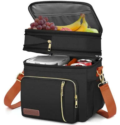 Immagine prodotto di Borsa termica per pranzo, a due scomparti, 15 litri, nera e arancione. Impermeabile, isolata termicamente, ideale per picnic, ufficio e campeggio