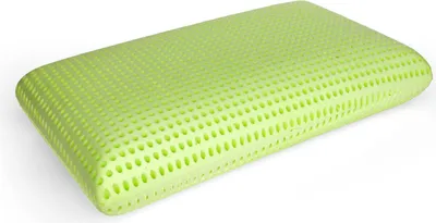 A light green pillow with a perforated surface is shown against a white background.