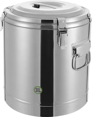 A stainless steel insulated bucket with a lid and handles.