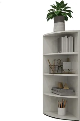A white corner shelf unit with decorative items on it, including books, a plant, and stationery.