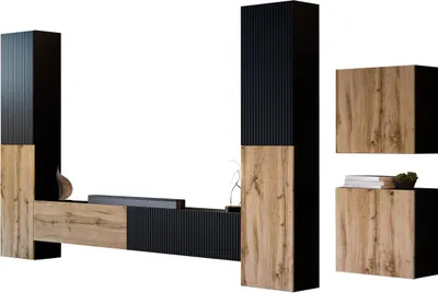 Produktbild von MIRJAN24 Wohnwand Capital V, Große Anbauwand, Wohnzimmer-Set (Farbe: Schwarz / Schwarz + Wotan Eiche)