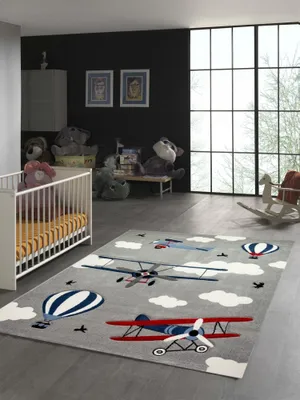 Zdjęcie produktu dla Dywanik dziecięcy z motywem samolotów w kolorach szarym, niebieskim i kremowym – okrągły, średnica 160 cm