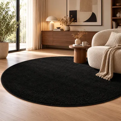 Productafbeelding van Pluizig velours vloerkleed Mona, zwart, rond, afmeting: 160 cm diameter