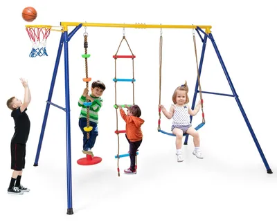 Produktbild von KOMFOTTEU 4 in 1 Kinderschaukel Set, Schaukelgestell mit Schaukel, Kletterleiter & Basketballkorb, Schaukelgerüst Gartenschaukel mit Gestell, Spielgerüst für Kinder Outdoor