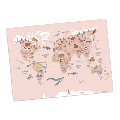 Produktbild von Tischset | Platzset abwaschbar -„Weltkarte Tiere rosa deutsch" aus Premium Vinyl - 44x32 cm – Germany