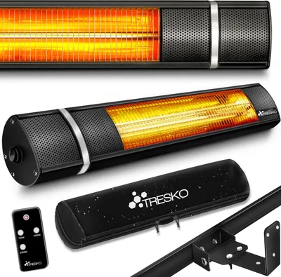 A collection of infrared heaters, a remote control, and a carrying case, presented against a white background.
