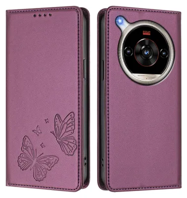 Produktbild von Lederhülle für ZTE nubia Focus 2 Ultra, Schmetterling Prägung Leder Brieftasche Schutzhülle mit Ständer Lila