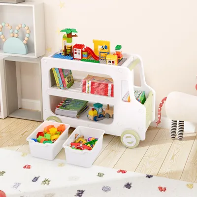 Produktbild von COSTWAY 73x42x56 cm Kinder Aufbewahrungsregal, autoförmiger Spielzeugregal mit 2-stöckiges Regal&2 Aufbewahrungsboxen, Kinderzimmerregal Kinderregal