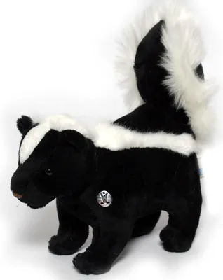 A plush skunk toy is shown standing against a white background.
