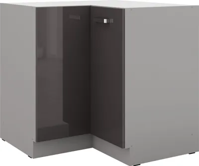 A corner kitchen cabinet with a glossy finish.