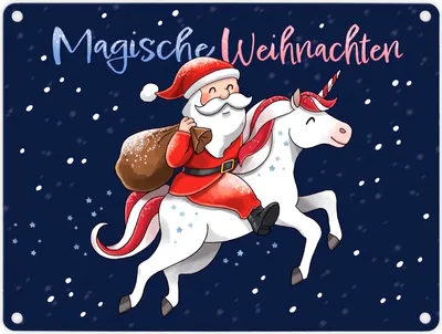 Produktbild von Weihnachtsmann auf Einhorn Metallschild in 15x20 cm mit Spruch Magische