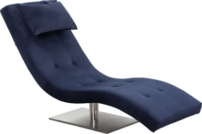 A blue chaise lounge with a silver base and a headrest, photographed against a white background.