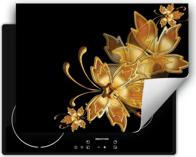 Produktbild von DarHaus Herdabdeckplatte 70x52 cm Anti Rutsch Matte Aufrollbar, schwarz - gold - Blumen