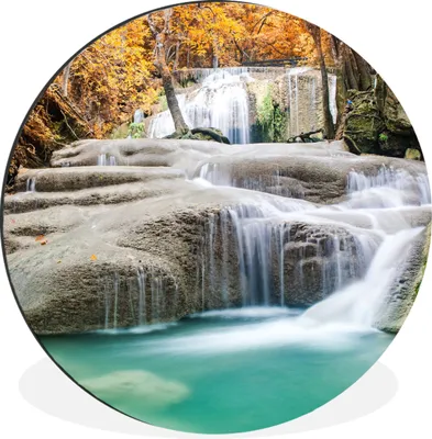 Produktbild von MuchoWow® Aluminium Wandkreis Wald - Wasserfall - Herbst Ø 60 cm Wanddeko Modern Wohnzimmer - Wand Kreis - Wandbild - Schlafzimmer - Aluminium Bild - Kinderzimmer - Wohnzimmer Dekoration - Wandschmuck