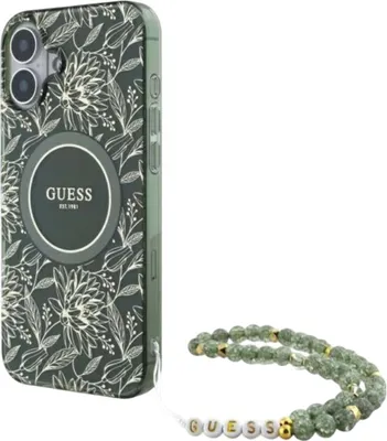 Produktbild von Guess GUHMP16MHCPOFPA iPhone 16 Plus 6.7" grün hardcase IML Flowers Allover Electro With Pearl Strap MagSafe Schutzhülle