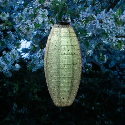 Produktbild von LED Solar Lampion oval - mit Blumenmuster - warmweiße LED - H: 40cm - D: 20cm - Lichtsensor - grün