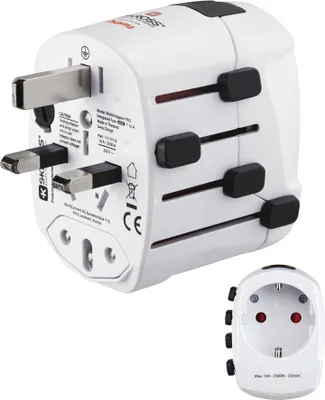 A white universal travel adapter with various plug types extended.