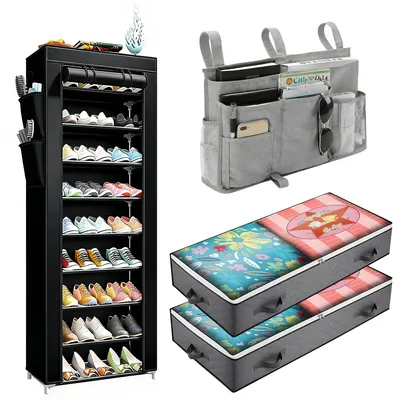 Imagen del producto de Conjunto de almacenamiento para dormitorio Moonbite, de 4 piezas: organizador para cajón de cama con ventana, organizador colgante para la cama y armario pequeño, a prueba de polvo, color gris