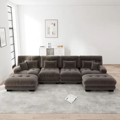 Obrázek produktu pro Čtyřmístná čalouněná pohovka MODFU se 2 bederními polštáři a 2 dekorativními polštáři, pohovka ve tvaru písmene U, lounge pohovka z chenille, se 2 podnožkami, modulární pohovka, hnědá