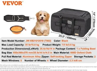 Zdjęcie produktu dla Transporter dla zwierząt domowych, 4 kółka, oddychająca siatka, wytrzymała tkanina Oxford, czarny 35 funtów