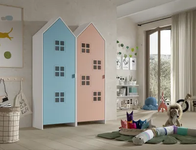 Produktbild von Kleiderschrank >CASAMI BRUGES< in Korpus Weiß / Front Blau u. Pink, falsch