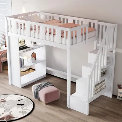 A white loft bed with a desk and shelves underneath, set up in a room with a rug and ottoman.