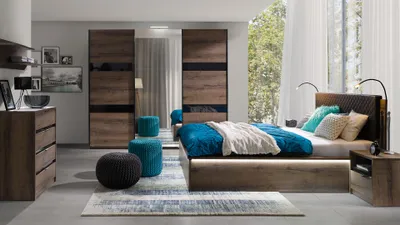 Produktbild von DESIGN MÖBEL DUSTIN Schlafzimmer Set – Kontinentales Bett, Boxspringbett, Kleiderschrank, Kommode, Regal in Eiche Weiß