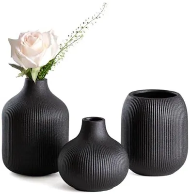 Immagine prodotto di Set di vasi in Vetroceramica con motivo a righe - Vasi decorativi neri per interni moderni