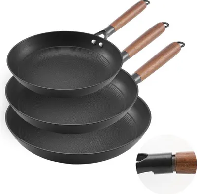 Produktbild von 3-teiliges Gusseisenpfannen Set 205/265/310mm - Bratpfannen und Kochpfannen in Schwarz - Gusseisen Küchenutensilien