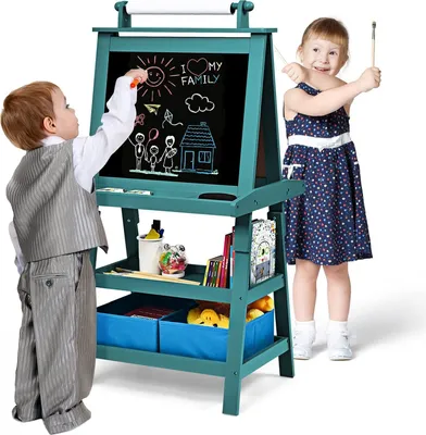Produktbild von GOPLUS 3 in 1 Standtafel für Kinder, Magnetisches Whiteboard & Kreidetafel, Doppelseitiger Staffelei mit Aufbewahrungsbox, Maltafel, Schreibtafel (Blau)