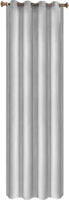 A full-length view of a light gray curtain hanging from a curtain rod.