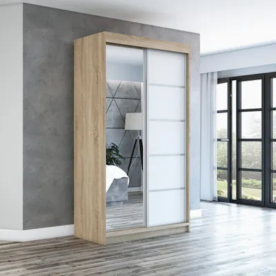 Produktbild von Schwebetürenschrank GAP 120 cm 2-türig Schrank mit Spiegel. Farbe: Sonoma / weiß